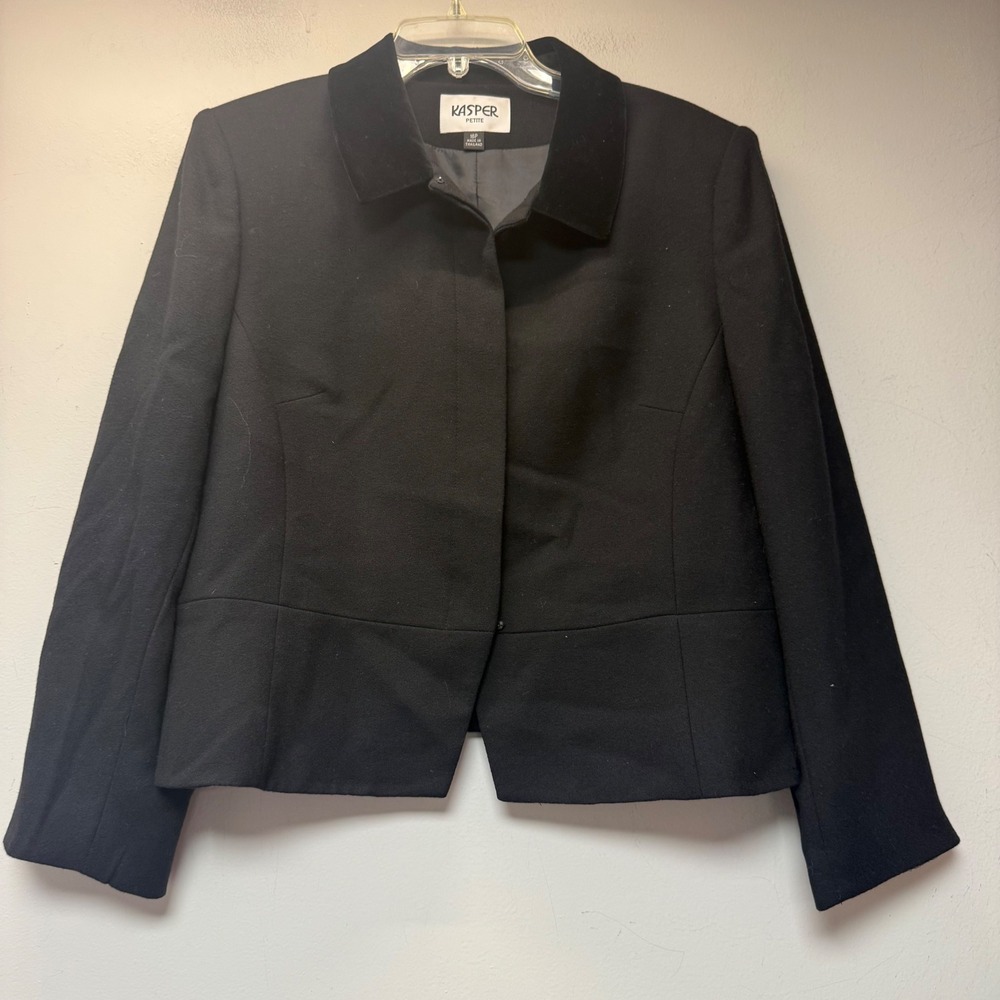 Kasper Blazer Women 16P Black Excellent Velvet Collar Rayon Blend Professional